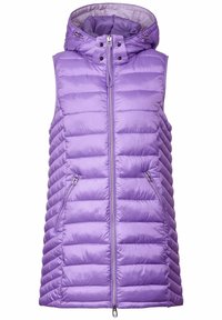 Lila vadderad väst med huva, zippered fram, och två sidofickor. Har en quiltad design och en slät, blank yta.