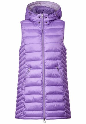 Purple padded vest with a hood, zippered front, and two side pockets. Features a quilted design and a smooth, shiny texture.