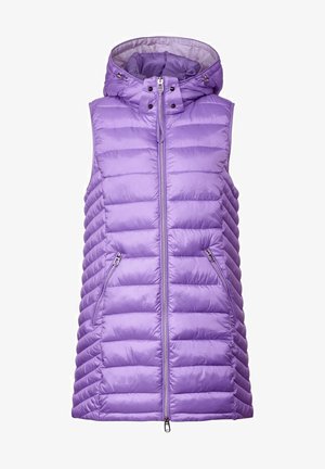 Lila vadderad väst med huva, zippered fram, och två sidofickor. Har en quiltad design och en slät, blank yta.