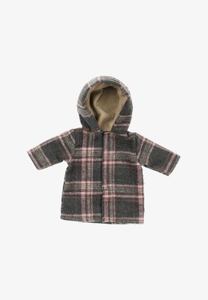 Kurtka z kapturem w rozmiarze dla malucha, z szaro-różowo-brązowym wzorem w kratę, miękką beżową podszewką z polaru wewnątrz kaptura, długimi rękawami i zapięciem z przodu.