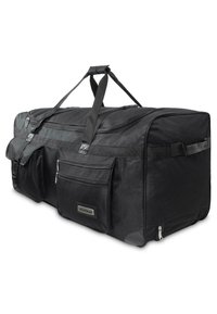 Große schwarze Reisetasche aus strapazierfähigem Stoff mit zwei Griffen, mehreren vorderen Taschen und einem Reißverschlussverschluss. Hat eine rechteckige Form.