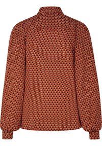 Langsleeve shirt met een hoge halslijn, voorzien van een rood en beige ruitpatroon op een gestructureerde stof. Elastische manchetten en een losse pasvorm.