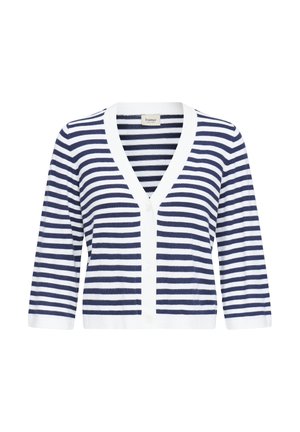 Valge ja mereväe sinine triibuline V-kaelusega kardigan, kellel on kolmveerand varrukad ja ees nupud, brändiks "Fransa".