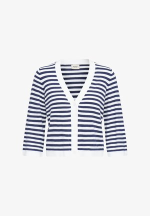 Valge ja mereväe sinine triibuline V-kaelusega kardigan, kellel on kolmveerand varrukad ja ees nupud, brändiks "Fransa".