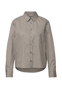 Chemise à manches longues boutonnée avec col pointu et poche poitrine taupe à rayures verticales blanches.
