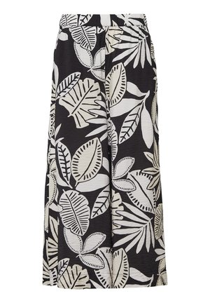 Zwarte wijde pantalon met een wit bladerenpatroon, elastische tailleband en textiel voor comfort en ademend vermogen.