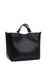 Czarna skórzana torba na ramię o teksturowanym wykończeniu, z otwartym górnym otworem, podwójnymi uchwytami i złotymi akcentami. Przestronny i zorganizowany design.