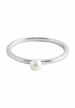 Silver band ring with a single white pearl set on top, shown against a plain white background.