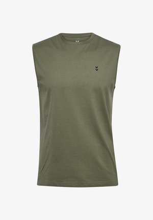 Olijfgroene mouwloze t-shirt, zachte stof, ronde hals ontwerp, platte naden, subtiel zwart logo op de borst, rechte zoom.
