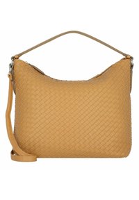 Borsa a tracolla in pelle intrecciata gialla con corpo arrotondato, base piatta e una singola tracolla. Presenta accenti in metallo argentato.