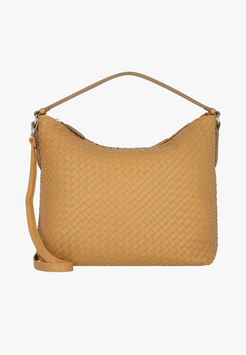 Borsa a tracolla in pelle intrecciata gialla con corpo arrotondato, base piatta e una singola tracolla. Presenta accenti in metallo argentato.