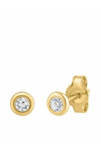 Złote kolczyki na sztyft z okrągłymi, przezroczystymi, błyszczącymi kamieniami w oprawie typu bezel. Gładka powierzchnia z polerowanym wykończeniem.