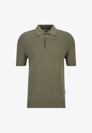 Olivgrünes Poloshirt mit kurzen Ärmeln, einer Knopfleiste mit drei Knöpfen und geripptem Saum und Ärmelbündchen.