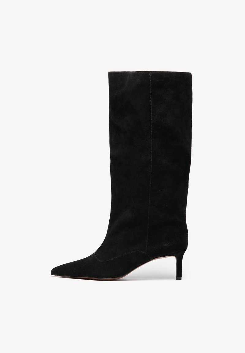 Black suede knee-high boot with a pointed toe and slim, stiletto heel. Features minimal seams and a smooth texture throughout.