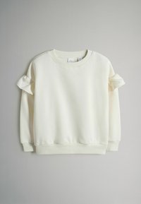 Balta sportinė palaidinė su apvalia iškirpte ir suraukta apdaila. Sutrumpintos rankovės su dviem rauktomis medžiagomis. Lygus paviršius.