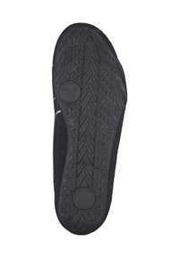 Soletta in gomma nera con un motivo di battistrada testurizzato. Include un logo circolare e contorni per grip e supporto.