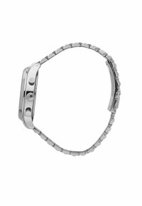 Edelstahl-Armbanduhr mit rechteckigem Gehäuse, abgerundeten Kanten und einem metallischen Armband mit gewelltem Design sowie zwei Druckknöpfen.