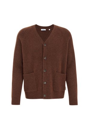 Brown wool cardigan featuring a v-neck, six buttons down the front, two front pockets, and ribbed cuffs and hem.
