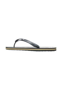 Schwarze Flip-Flop-Sandalen mit einem strukturierten Riemen, flacher Gummisohle und gelbem Akzent entlang der Unterseite. Leicht und minimalistisches Design.