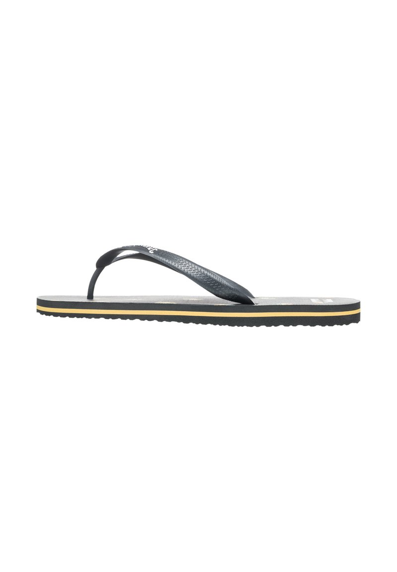 Schwarze Flip-Flop-Sandalen mit einem strukturierten Riemen, flacher Gummisohle und gelbem Akzent entlang der Unterseite. Leicht und minimalistisches Design.