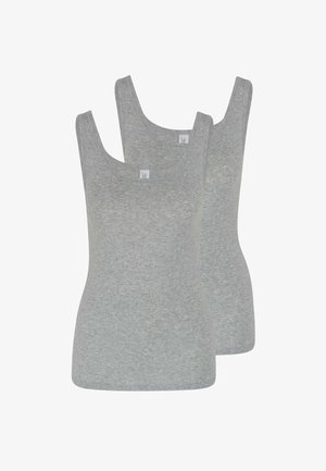 Zwei schlichte graue ärmellose Tanktops, gestapelt mit Sicht auf Vorder- und Seitenansicht, auf weißem Hintergrund.