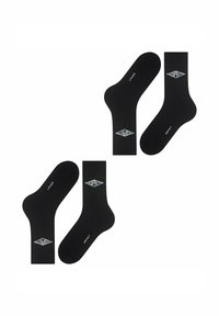 Schwarze Baumwollsocken mit gerippter Textur, die auf jeder Socke das weiße „Esprit“-Logo und ein diamantartiges Akzentdesign aufweisen. Weich, knöchellang.