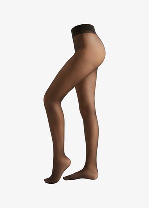 Doorzichtige zwarte panty met een gladde, ondoorzichtige tailleband. De benen zijn semi-transparant met een lichte glans, waardoor een aansluitende silhouet wordt benadrukt.