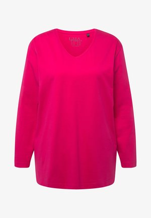 Langermige V-hals T-shirt in felroze katoen, met een relaxte pasvorm en zonder zichtbare patronen of hardware. Glad textuur, casual ontwerp.
