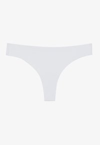 Weiße Tanga-Unterwäsche aus glattem Stoff, mit einem minimalistischen Design, niedrigem Bund und nahtlosen Kanten.