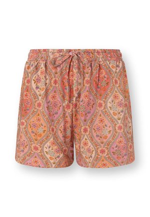 Roze en oranje korte broek met bloemenpatroon, elastische tailleband en vooraan een strikkoord.