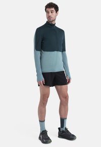 Camisa de manga larga con media cremallera en degradado de verde oscuro a azul claro; combinada con pantalones cortos negros y calcetas a rayas en azul aguamarina, llevada con zapatillas de correr oscuras.