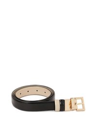 Black leather belt with a gold buckle, featuring a smooth texture, a beige inner lining, and multiple holes for adjustment.