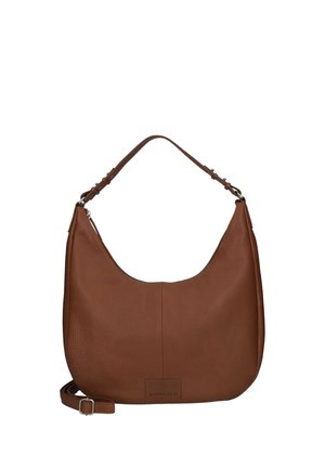Braune Leder-Hobo-Tasche mit verstellbarem Schulterriemen und zusätzlichem Crossbody-Riemen, strukturierter Oberfläche und dezentem Markenlogo vorne.