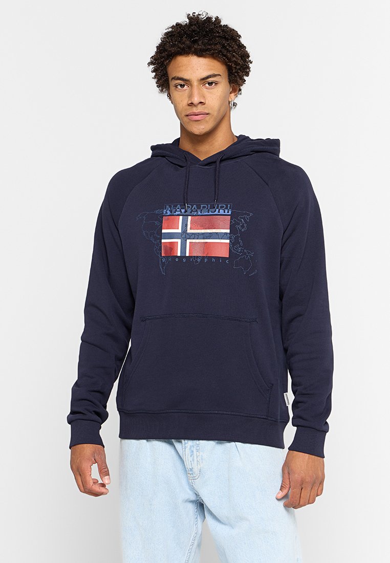 Felpa con cappuccio blu navy realizzata in misto cotone, con tasca a marsupio, che presenta una grafica della bandiera norvegese su una mappa del mondo.