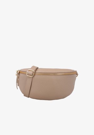Beige strukturierte Leder-Gürteltasche mit goldenem Reißverschluss und verstellbarem Riemen mit goldener Schnalle, vor weißem Hintergrund dargestellt.