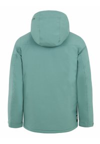 Mintgroene waterdichte jas met capuchon, ontworpen met een gladde textuur, lange mouwen en minimalistische details. Heeft een label aan de zoom.