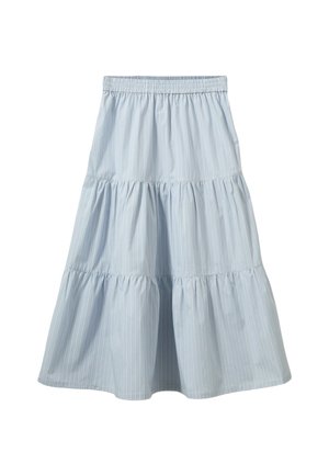 Gonna a balze azzurra chiaro con sottili righe verticali bianche ed elastico in vita, lunghezza midi, sezioni di tessuto arricciato.