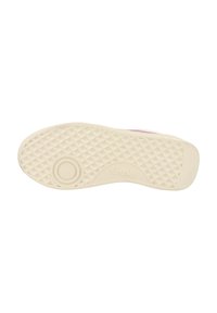 Footwear sole in cream with a textured diamond pattern. Features a circular design element and embossed logo. Smooth edges.