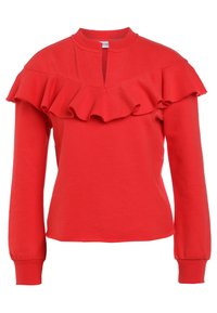 Sweat-shirt rouge avec un col rond, des manches longues et un grand accent à volants sur la poitrine, fabriqué à partir d'un tissu doux et texturé.