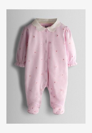 Body rose pour bébé à manches longues, broderie en motif cœur, col blanc festonné, et fermetures à pression sur le devant et les jambes.