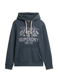 Felpa blu navy realizzata in morbido materiale, con tasca frontale, coulisse e una stampa grafica di montagne e testo sulla parte anteriore.