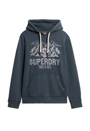 Hoodie bleu marine en matériau doux, doté d'une poche kangourou à l'avant, de cordons de serrage, et d'une impression graphique de montagnes et de texte sur le devant.