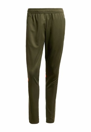 Pantalons de sport vert olive en tissu lisse, dotés d'une taille élastique, de poches latérales et de accents orange vif près des ourlets.
