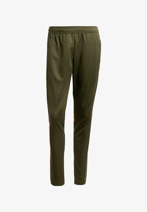 Olivy zelené sportovní kalhoty vyrobené z hladké látky, s elastickým pasem, bočními kapsami a jasně oranžovými detaily u spodního lemu.
