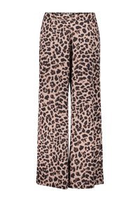 Pantalons larges en imprimé léopard en tissu doux et léger. Dotés d'un fond beige avec des taches noires et marron, ils sont conçus avec une taille élastique.