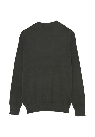 Maglione a maglia di un verde scuro con maniche lunghe, colletto rotondo, polsini e orlo a coste. Tessuto liscio, design semplice, senza motivi o dettagli visibili.