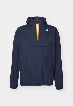Navy blue lightweight hooded jacket with front zipper featuring yellow, white, and navy stripes, elastic cuffs, and K-Way logo on chest.