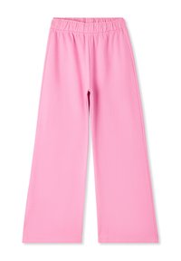 Pantaloni a gamba larga rosa realizzati in tessuto morbido, con una vita elastica e una texture liscia, dotati di gambe dritte e lunghezza intera.