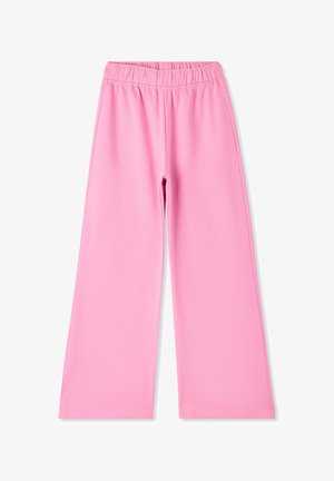 Różowe szerokie spodnie z miękkiego materiału, z elastycznym pasem i gładką fakturą, z prostymi, pełnowymiarowymi nogawkami.
