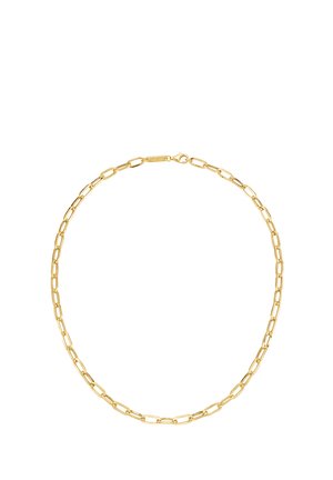 Goldene Kettenhalskette mit verlängertem Glieddesign. Glatte Textur, sicherer Verschluss, minimale Akzente, geeignet zum Layering oder zum alleinigen Tragen.